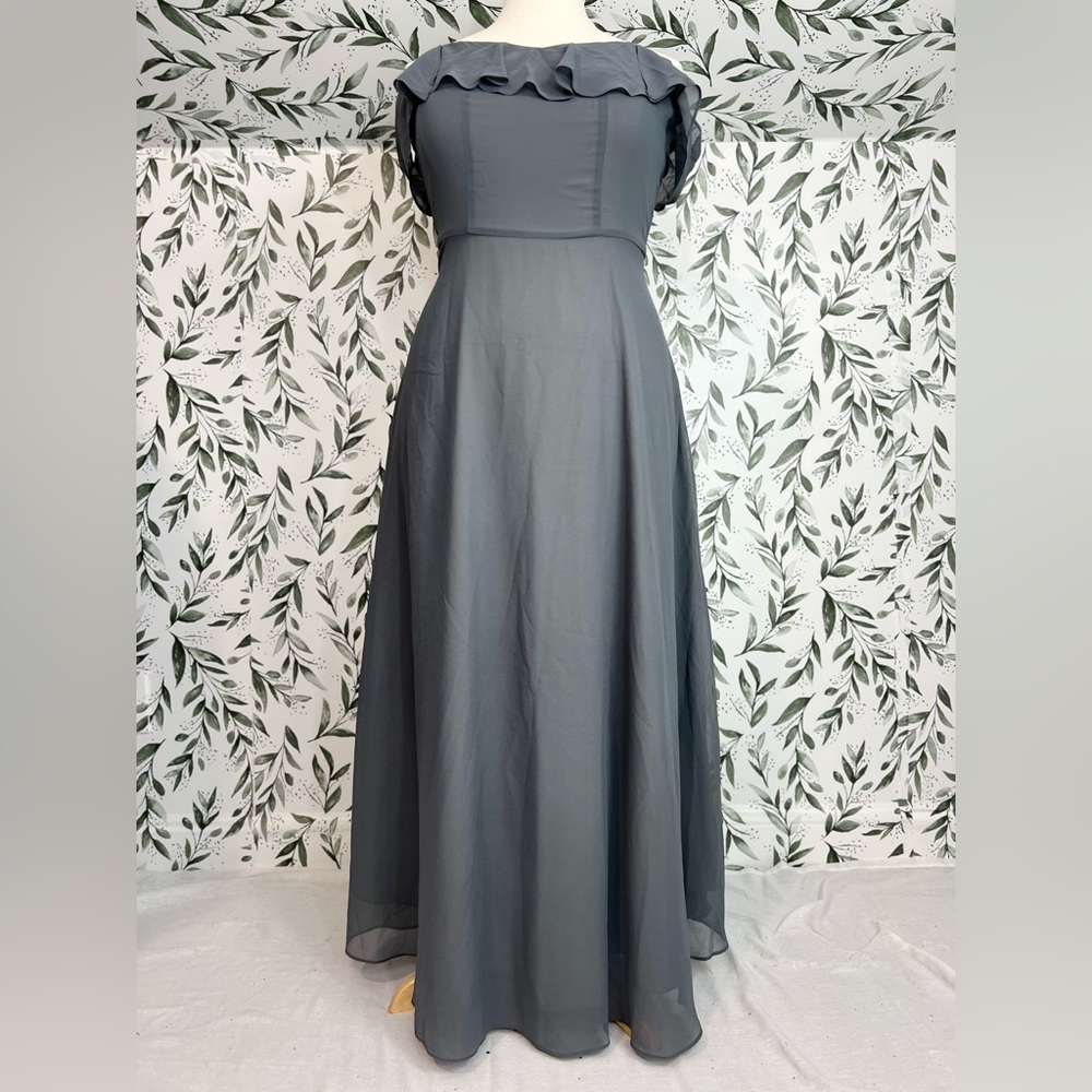 Gray Off-Shoulder Ruffle Formal Gown Maxi Dress Sz 14 L Evening Prom Wedding #4 - Picture 4 of 13